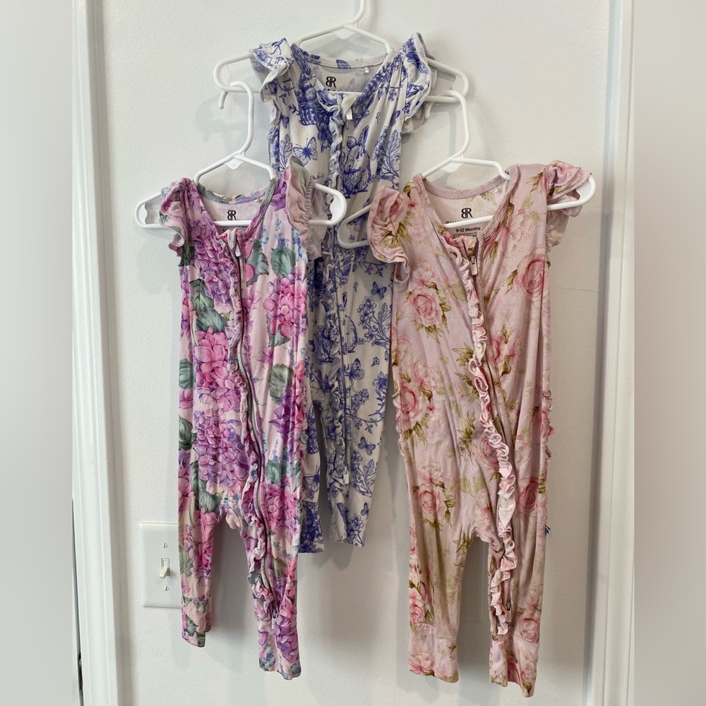 Bundle of 3 Bums & Roses Ruffle Sleeve Rompers 9-12 You Had Me at Hydrangea
